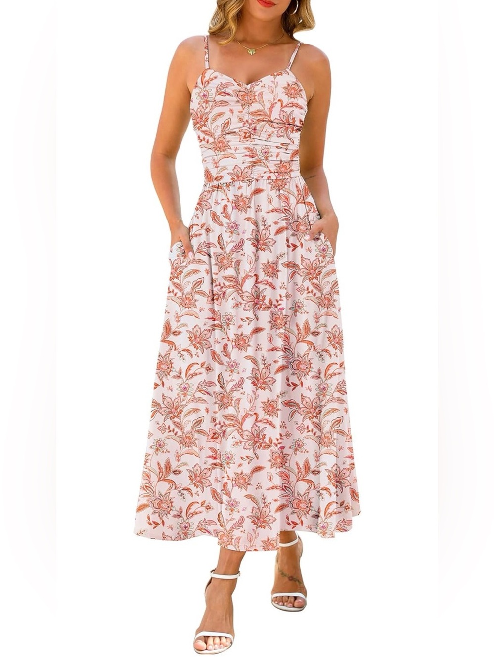 Floral Spaghetti-Strap Maxi Dress in Coral Rose XS